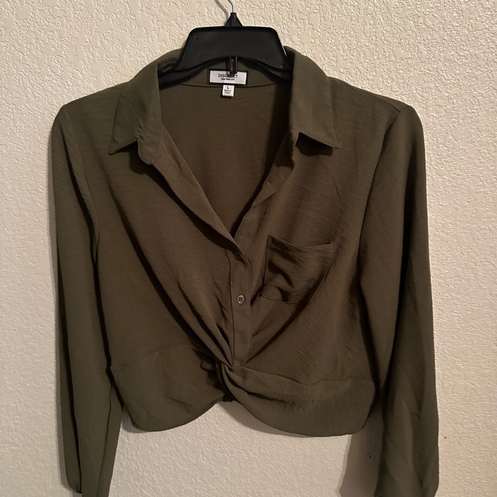 Olive Twist Front Button Down Shirt